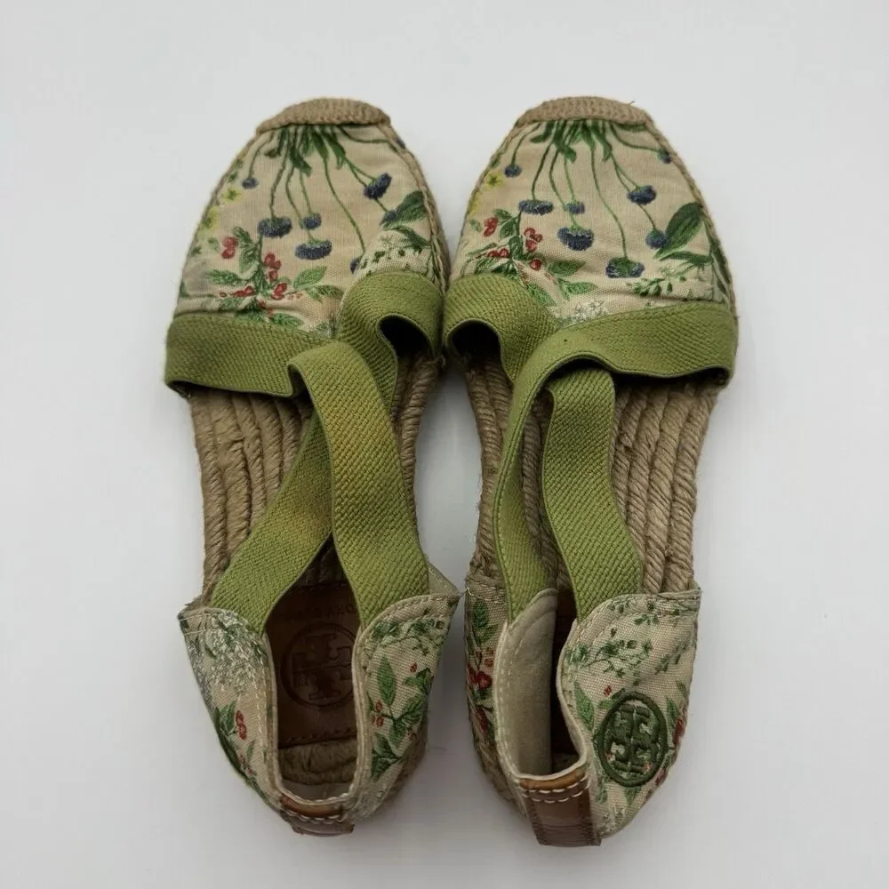 Tory Burch Catalina Floral Botanical Espadrilles Canvas Elastic Sz 8 1/2 Flaws